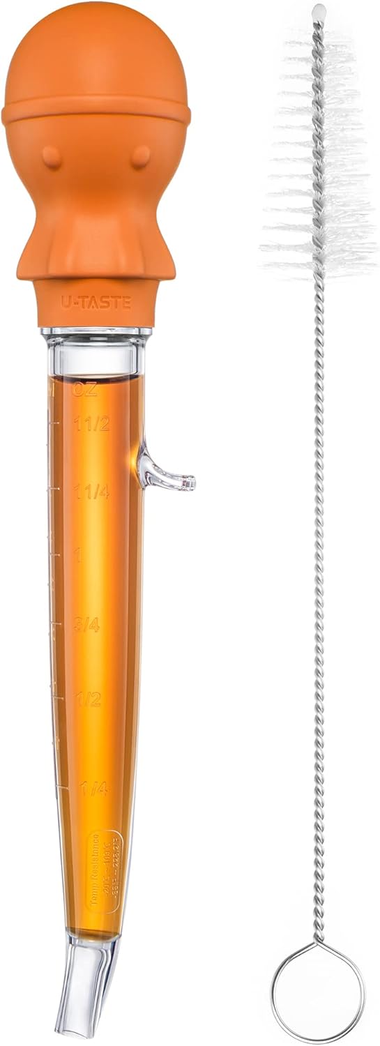 U-Taste 1.5oz Angled Turkey Baster - 228.2ºF Heat Resistant Food Grade Silicone Large Octopus Bulb Baster Set with Cleaning Brush for Cooking Basting Meat Poultry Beef Chicken (Black)