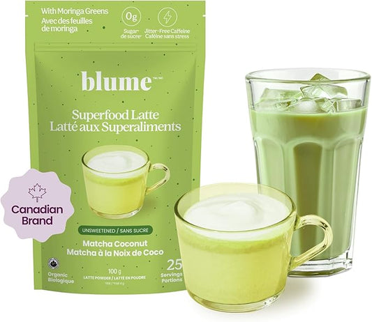 Blume Superfoods Latte - Matcha Powder with Coconut, Natural Caffeine, L-Theanine, All Day Energy & Focus, Sugar-Free, Moringa, Vegan, Organic Matcha Latte from Shizuoka Japan, Green Tea - 25 Servings - Canadian Brand