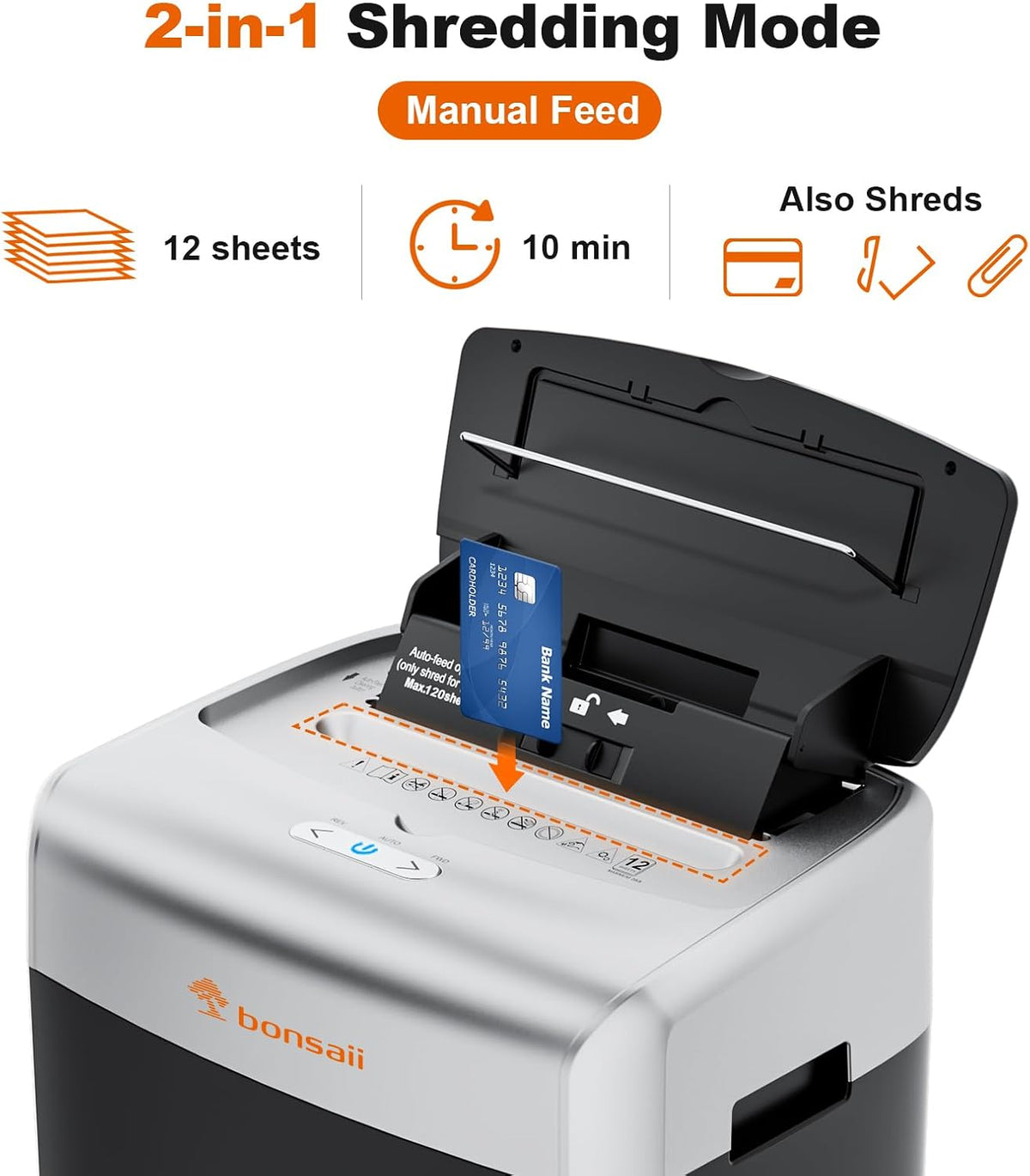 Bonsaii 120-Sheet Auto Feed Paper Shredder for Office, Heavy Duty Micro Cut