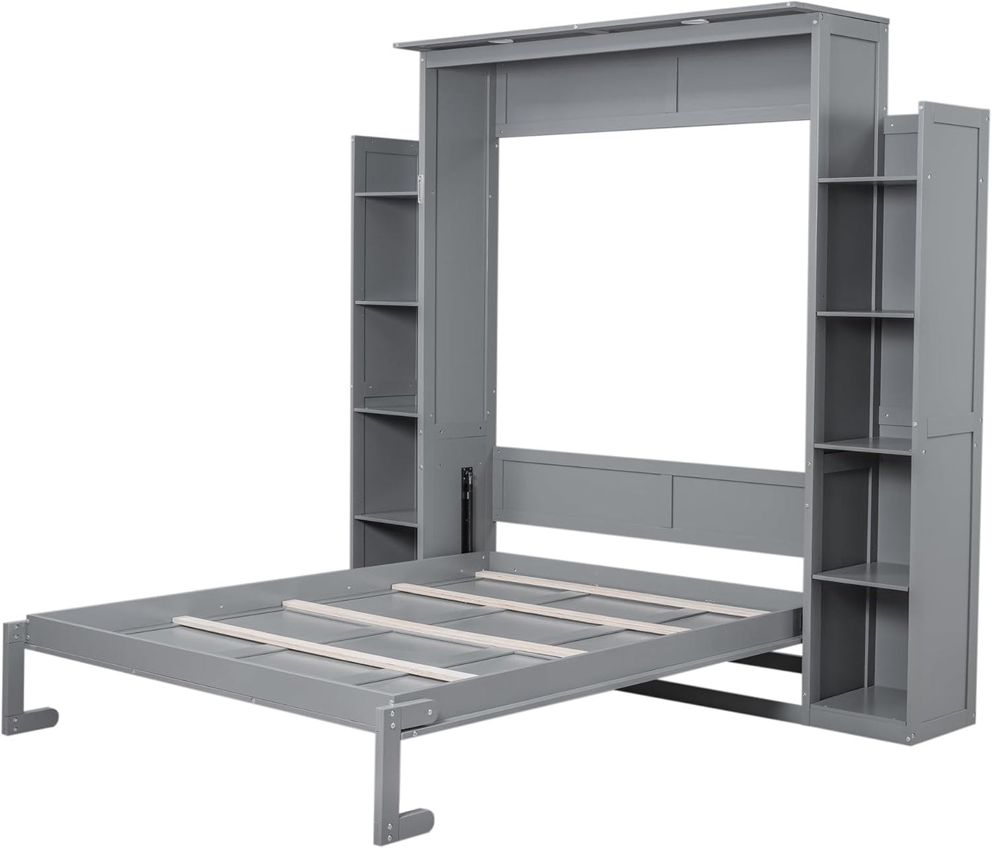 Merax Queen Size Murphy Bed with 2 Five-Layer Cabinet, Wall Bed with Shelves and Lights, Foldable Platform Bed Folded into Cabinet for Guest Room, Home and Office (Gray)