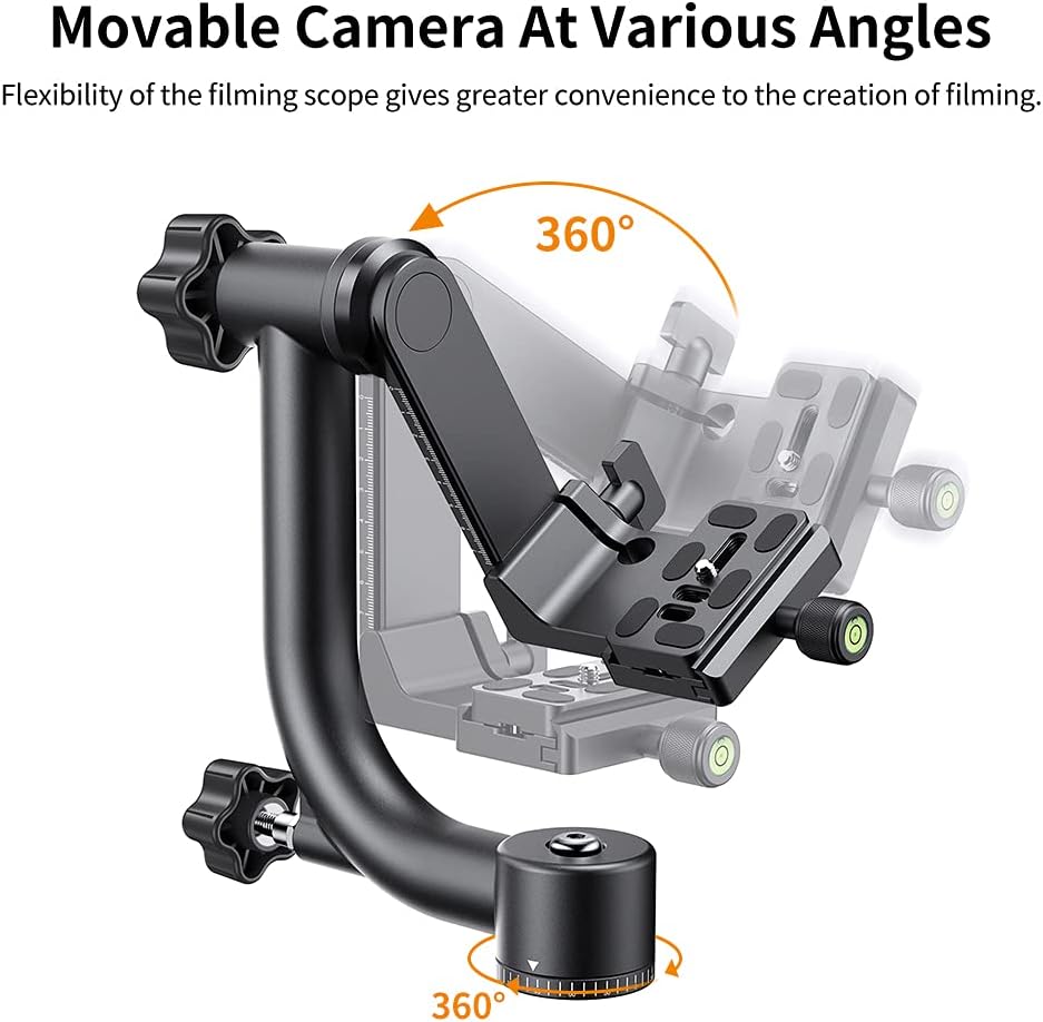 K&F Concept Professional Gimbal Head Heavy Duty Metal 360 Degree Panoramic Tripod Head with Standard 1/4'' Quick Release Plate and Bubble Level for Digital SLR Cameras Up to 20KG/44LBS