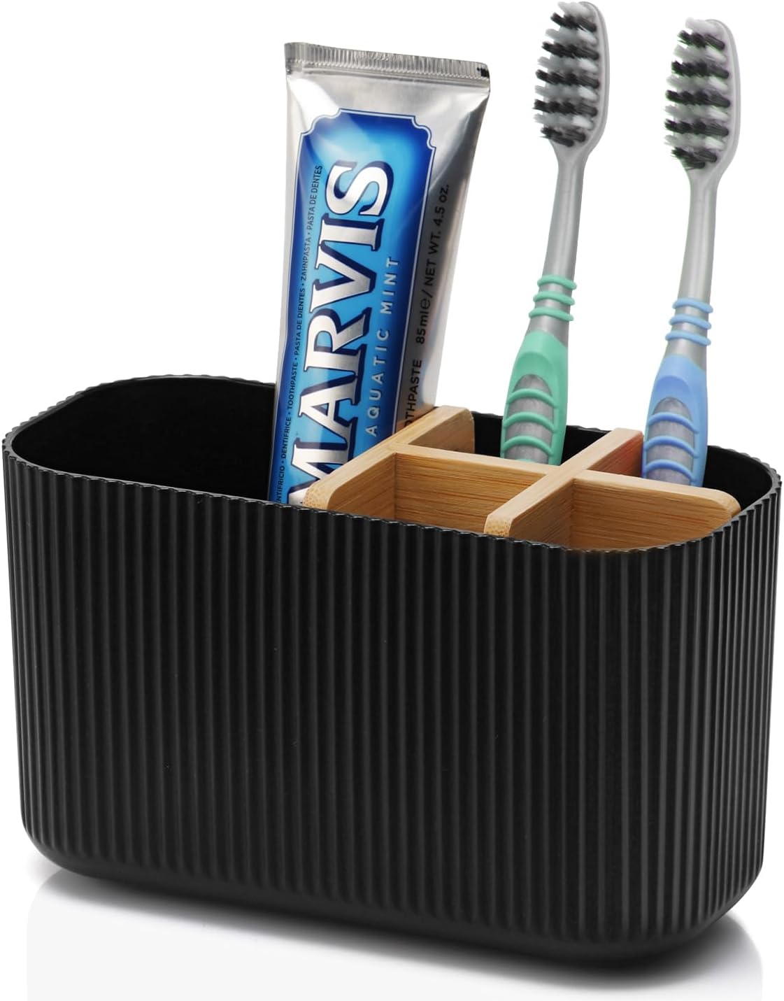 Black Bamboo Toothbrush Holder with 5 Slots, Bathroom Countertop Organizer for Toothbrushes and Accessories - PuriLite