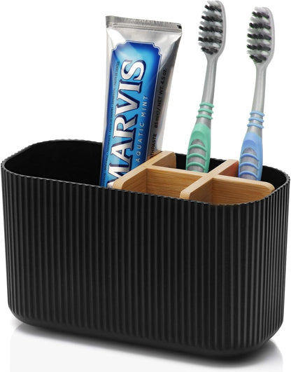 Black Bamboo Toothbrush Holder with 5 Slots, Bathroom Countertop Organizer for Toothbrushes and Accessories - PuriLite