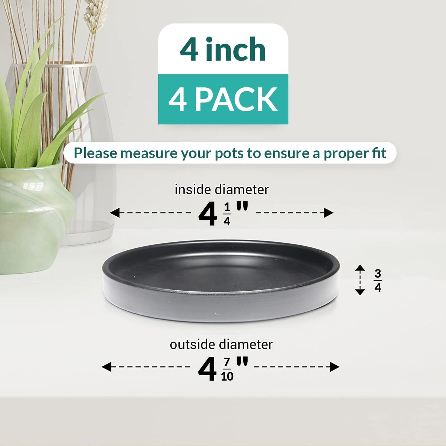 Heavy Duty Ceramic Black Plant Saucer - with Silicone Feet for Added Surface Protection - Scratch-Resistant Plant Drip Trays for Pots 8.3" at the Base or Less, Plant Plate, 7-8 Inch Plant Saucer