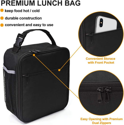Insulated Lunch Bag, Leakproof Portable Lunch Box for Women Men Boys Girls, Large Capacity Cooler Bag with Handle and Bottle Pocket for Office School Camping Hiking Outdoor Beach Picnic (Black)
