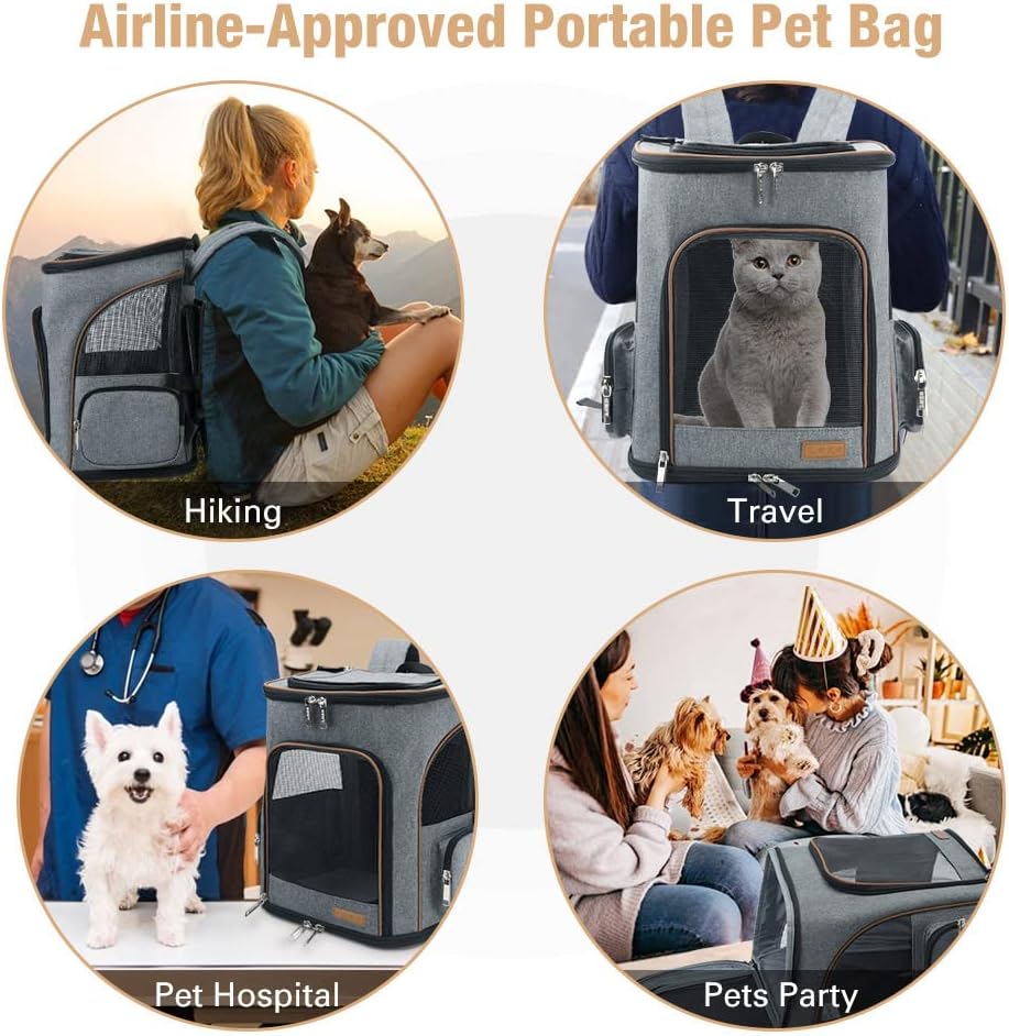 Lekesky Cat Backpack Expandable Dog Carrier Backpack Airline Approved Pet Backpack Carrier for Cats, Small Dogs, Puppies Under 13 Lbs, Grey