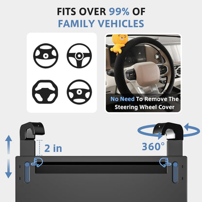 Steering Wheel Tray | Adjustable Car Desk for Laptop & Food Tray with Phone Stand and Storage Drawers