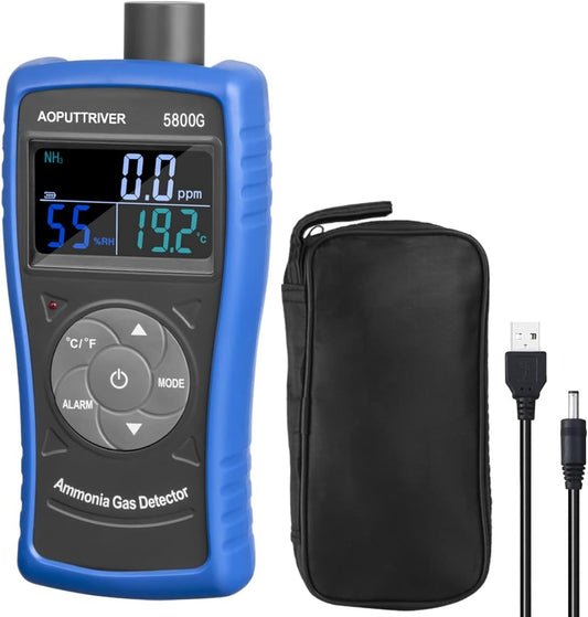 Ammonia Gas Detector, 0~100 PPM NH3 Monitor | Farm, Poultry, Pig & Livestock USB Recharge | LCD Backlight with Temperature(℉/℃), Humidity -AP-5800G