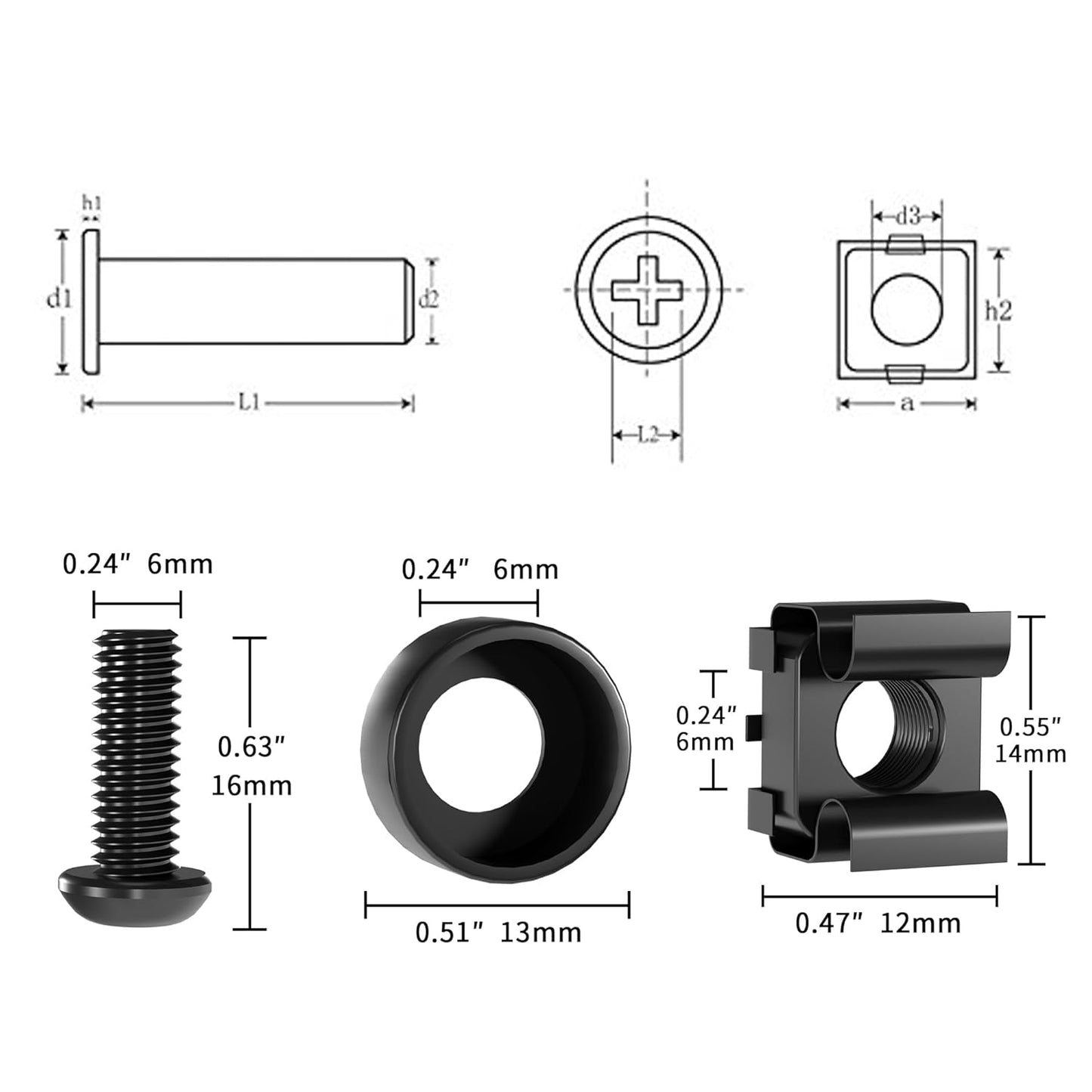 XOOL 50 PCS M6 x16mm Rack Mount Cage Nuts, Screws and Washers for Rack Mount Server Cabinet,Rack Mount Server Shelves,Routers,Rack Mount Screws and Square Insert Nuts,Self-Locking Cable Ties for Free