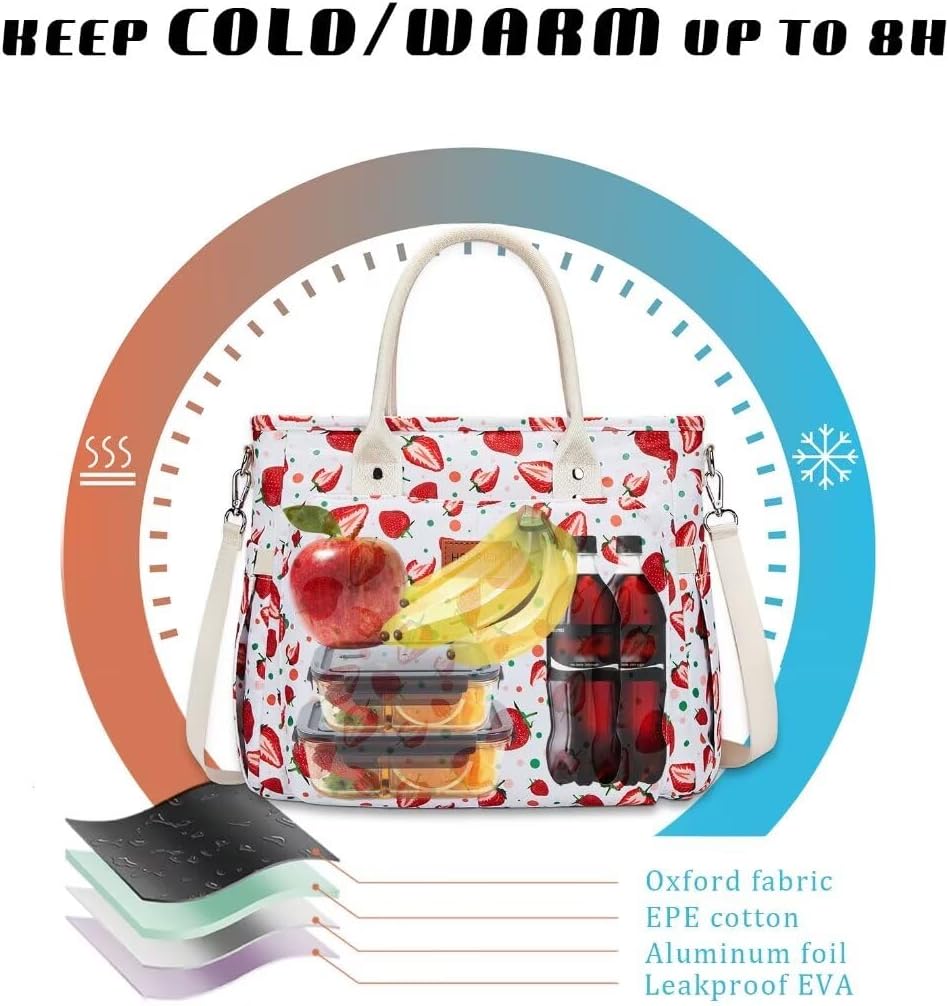 Lunch Bag for Women, Insulated Lunch Box for Work, Large Leakproof Cooler Purse with Side Pockets & Removable Shoulder Strap Women's Lunch Tote Bag for Picnic Work Beach Cute Lunch Bags (Heart)
