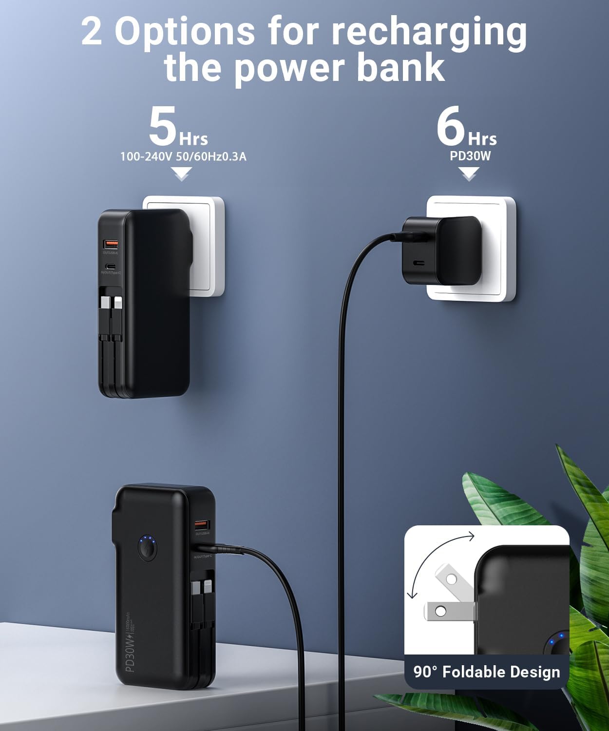 Portable Charger Power Bank 16000mAh Power Bank Built-in AC Wall Plug and Cables, PD 30W and QC4.0 Fast Charger for Most Electronic Devices (White)