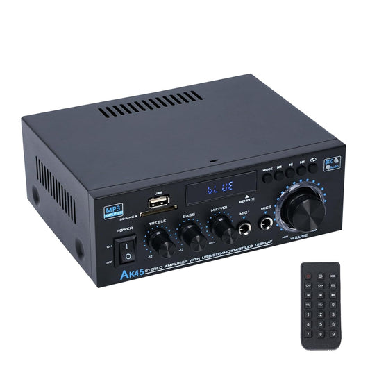 Stereo Receiver Amplifier Home Audio Amp, AK45 Bluetooth Receiver for Home Stereo, 300Wx2, Bluetooth 5.0, 2 Channel Amp with USB/SD/RCA/MIC/FM and Remote for Karaoke Party