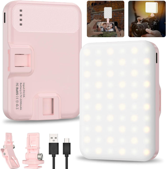 Anautin Selfie Light, 60 LED 2200mAh Rechargeable Clip Fill Video Light (Pink)