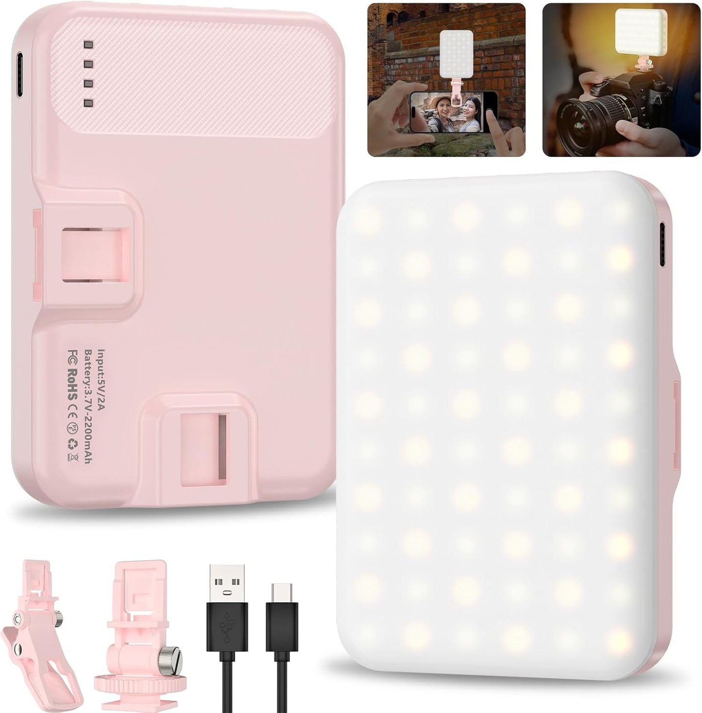 Anautin Selfie Light, 60 LED 2200mAh Rechargeable Clip Fill Video Light (White)