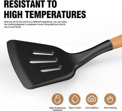 Silicone Cooking Utensils Set - Silicone Kitchen Utensils for Cooking Wooden Handles, 446°F Heat Resistant Kitchen Utensil Spatula Sets w Holder, Gadgets for Non-Stick Cookware BPA Free (Black)