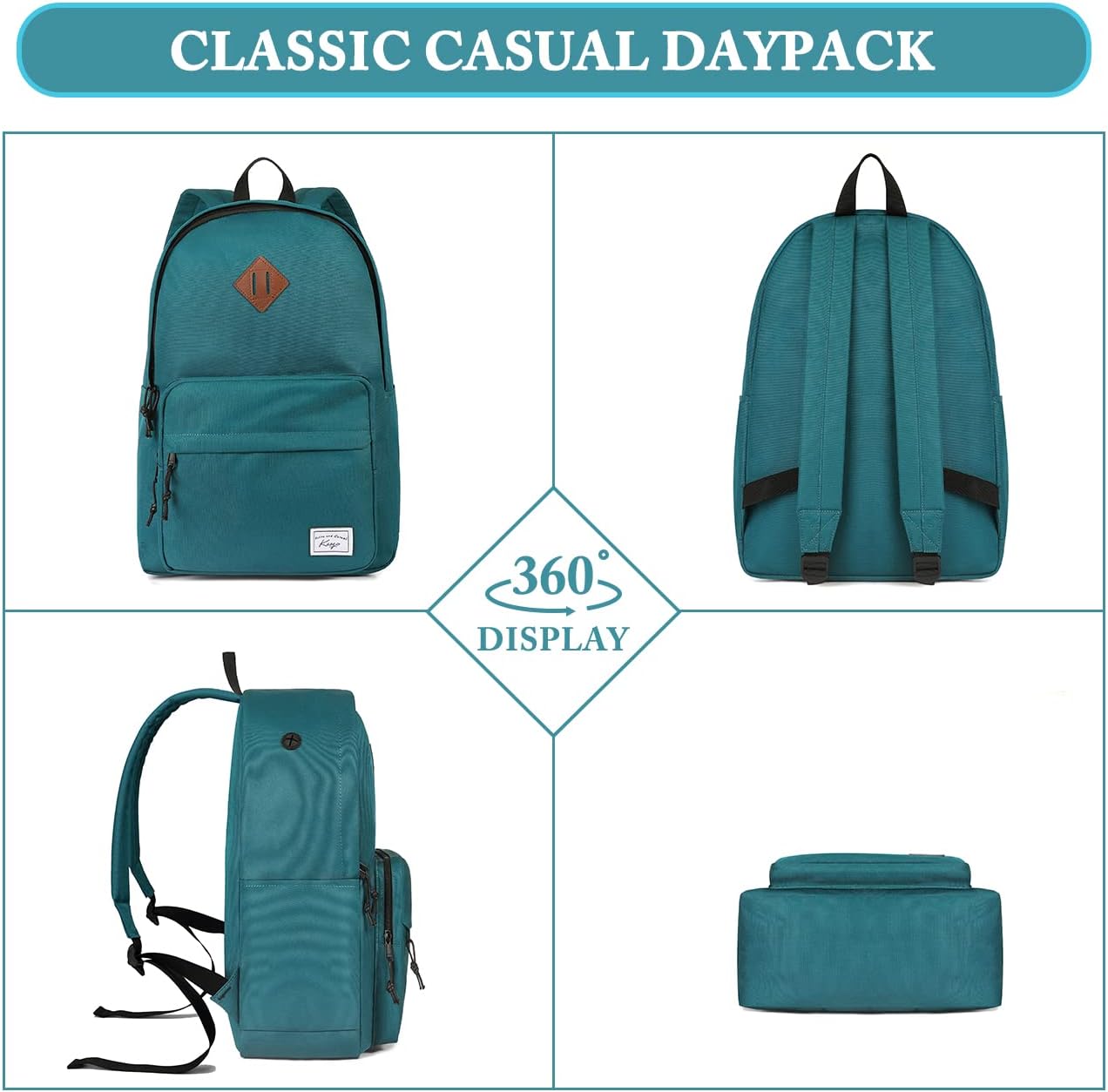 School Backpack, Kasqo 15.6 Inch Classic Lightweight Water-Resistant Backpack for Men Women Teens Girls Boys Kids to School, College, Travel, Work, Black