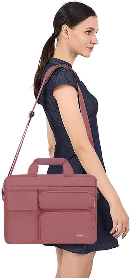 MOSISO Laptop Bag 16 inch, 15-15.6 inch Computer Shoulder Bag Compatible with MacBook Air 15 M4 M3 M2/Pro 16 M4 M3 M2 M1, Notebook &2 Raised&1 Flapover&1 Horizontal Pocket&Handle&Belt, Pink - PuriLite