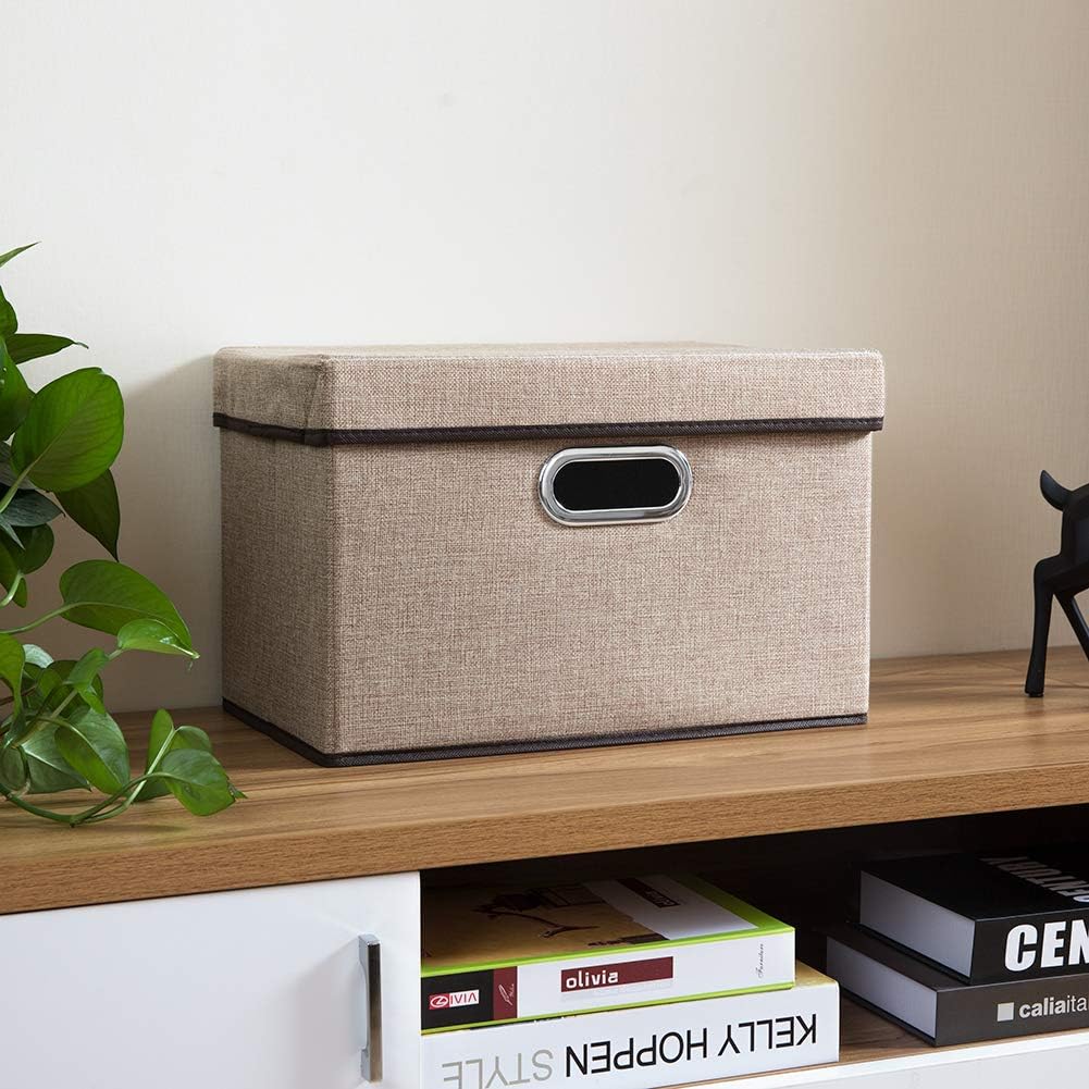 PRANDOM Large Foldable Storage Bin with Lid [1-Pack] Linen Fabric Decorative Storage Box Organizer Containers Basket Cube with Handles Divider for Bedroom Closet Office Living Room (17.7x11.8x11.8")