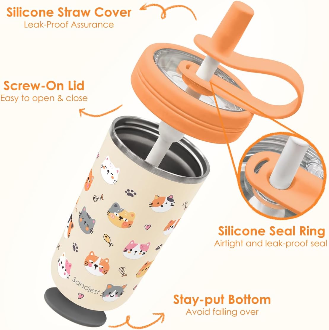 Kids Stainless Steel Tumbler with Silicone Straw 14oz, Cat Insulated Drinking Cup for Children, Girls, Boys for Back to School, Birthday