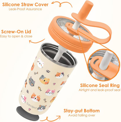 Kids Stainless Steel Tumbler with Silicone Straw 14oz, Cat Insulated Drinking Cup for Children, Girls, Boys for Back to School, Birthday
