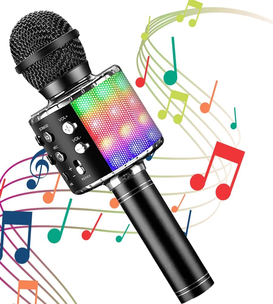 Wireless Bluetooth Karaoke Microphone with LED Lights – 4-in-1 Portable Handheld Singing Mic & Speaker, Voice Change, Rechargeable Battery, for Kids, Teens & Adults (Black)