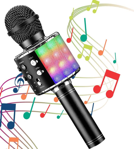 Wireless Bluetooth Karaoke Microphone with LED Lights – 4-in-1 Portable Handheld Singing Mic & Speaker, Voice Change, Rechargeable Battery, for Kids, Teens & Adults (Black)