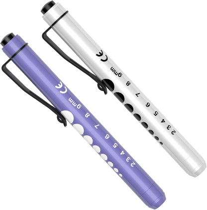 RISEMART Pen Lights for Nurses, 2 Pack Reusable Medical Light with Pupil Gauge and Ruler, White Light LED Penlight for Student Doctors EMT (Black/White)