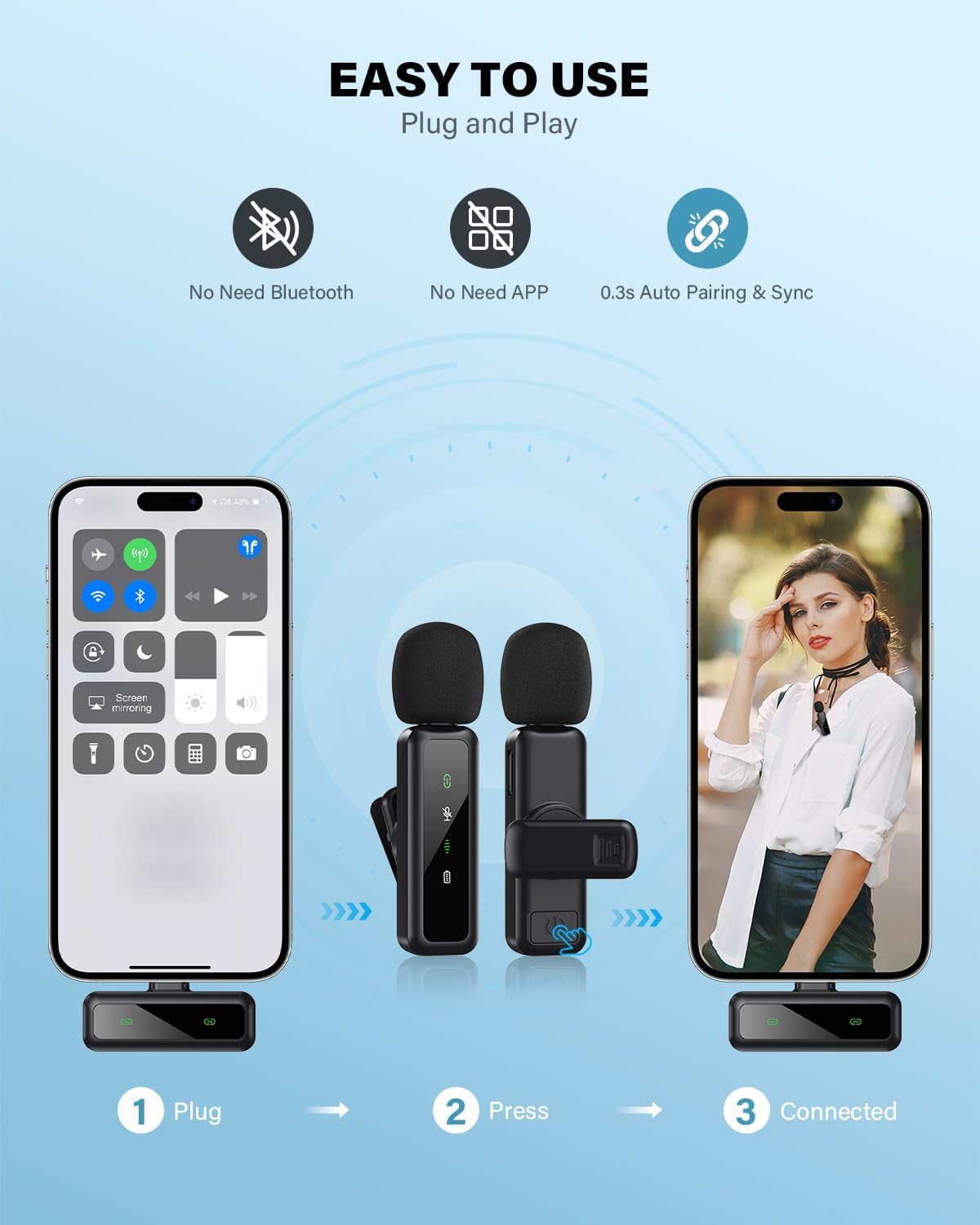 Mini Microphone, Wireless Lavalier Microphone for iPhone, iPad, Android, 2-Pack Mini Mic with Noise Reduction, Auto Pairing and Mute & Reverb for Vlogging, Video Recording, Live Streaming, Interview