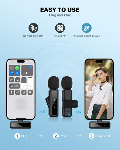 Mini Microphone, Wireless Lavalier Microphone for iPhone, iPad, Android, 2-Pack Mini Mic with Noise Reduction, Auto Pairing and Mute & Reverb for Vlogging, Video Recording, Live Streaming, Interview