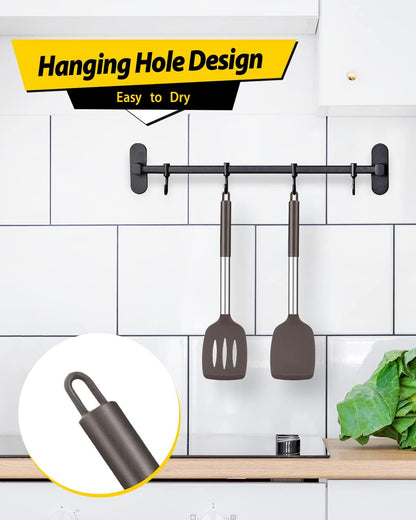 Pack of 2 Silicone Slotted Spatula,Non Stick Solid Kitchen Turner, High Heat Resistant BPA Free Cooking Utensils for Fish, Eggs, Pancakes（Black