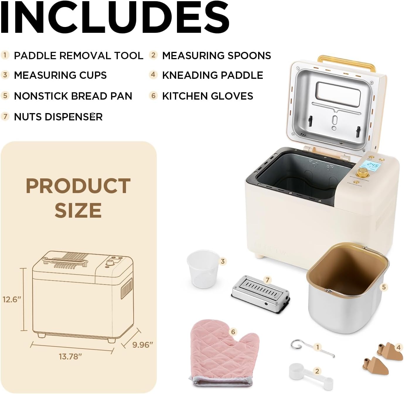 Neretva Bread Maker, 2.2LB 15-in-1 Bread Machine, Dual Heater Breadmaker Machine with Auto Nut Dispenser & Nonstick Ceramic Pan, Bread Makers Machine for Gluten Free, Dough Maker, Sourdough, Yogurt