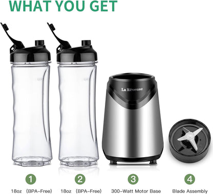La Reveuse Smoothie Blender Personal Size 300 Watts with 2 Pieces 18 oz BPA-Free Travel Sports Bottles,Grey