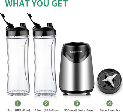 La Reveuse Smoothies Blender Personal Size 300 Watts with 2 Pieces 18 oz BPA Free Portable Travel Sports Bottles (Silver 2 Cups)