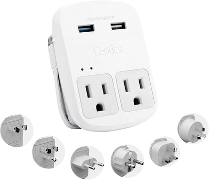 Ceptics Universal Travel Adapter kit, Dual USB (QC 3.0) + 2 US outlets + USB-C Cable, Use with Chargers, Cell Phones, Laptops, 6 Plug attachments for Worldwide use (Does Not Convert Voltage) (WPS-2B)