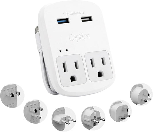 Ceptics Universal Travel Adapter kit, Dual USB (QC 3.0) + 2 US outlets + USB-C Cable, Use with Chargers, Cell Phones, Laptops, 6 Plug attachments for Worldwide use (Does Not Convert Voltage) (WPS-2B)