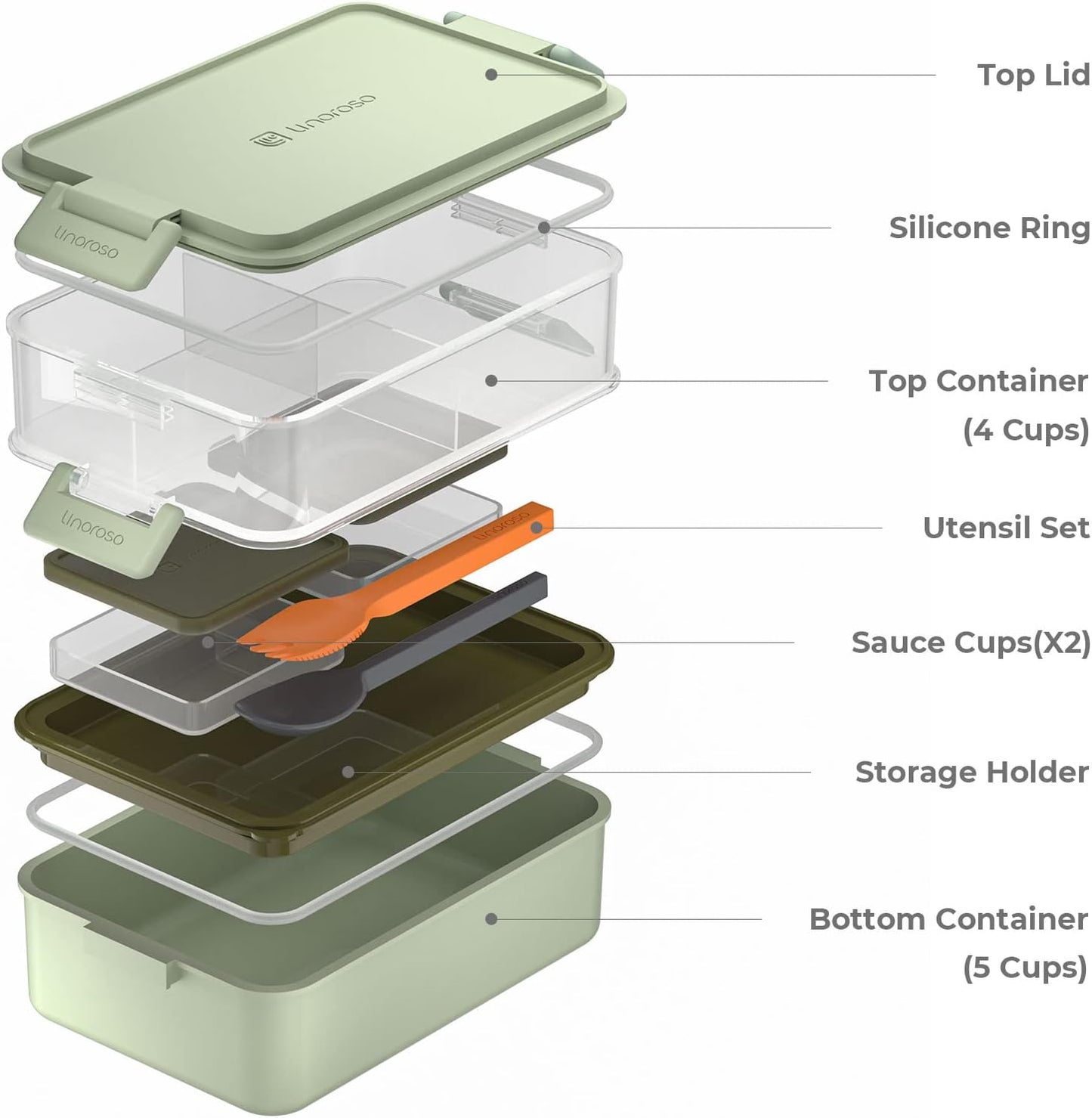Linoroso Stackable Bento Box Adult Lunch Box | Meet All You On-The-Go Needs for Food, Salad and Snack Box, Premium Bento Lunch Box for Adults Include Utensil Set, Dressing Containers - Pale Mint