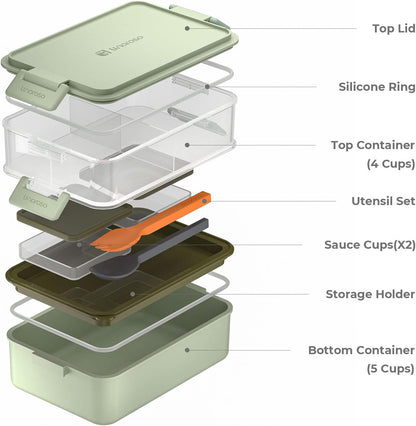 Linoroso Stackable Bento Box Adult Lunch Box | Meet All You On-The-Go Needs for Food, Salad and Snack Box, Premium Bento Lunch Box for Adults Include Utensil Set, Dressing Containers - Pale Mint