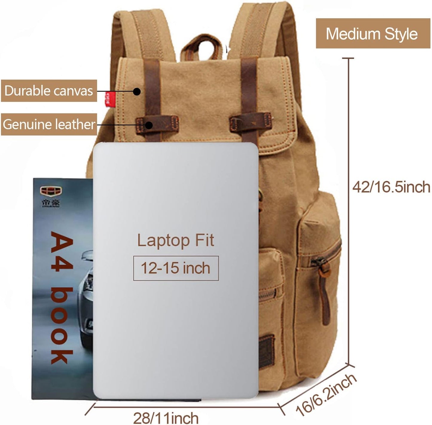AUGUR Canvas Backpack,17 inch Laptop Backpack Vintage Canvas Leather Backpacks Casual School College Bag Pack Bookbag Hiking Travel Rucksack Daypack (L-Coffee)