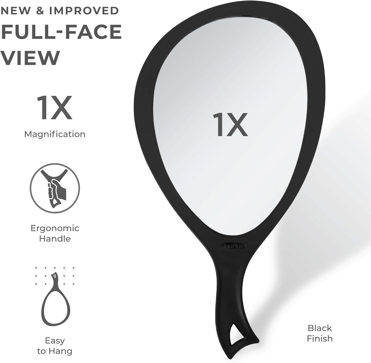 Zadro Salon Professional Extra Large Hand Mirror with Handle, 10" W x 19" L, Multi-Purpose Oval Handheld Mirror with New Distortion-Free Reflection (3, Black, Large (Pack of 3))
