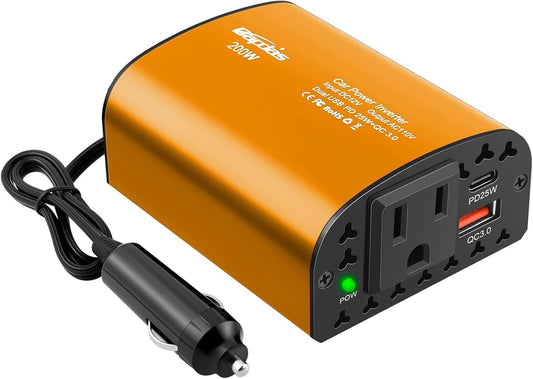 200W Car Power Inverter DC 12V to 110V AC Car Outlet Adapter Converter with PD 25W &QC3.0 USB Ports Laptop Car Charger
