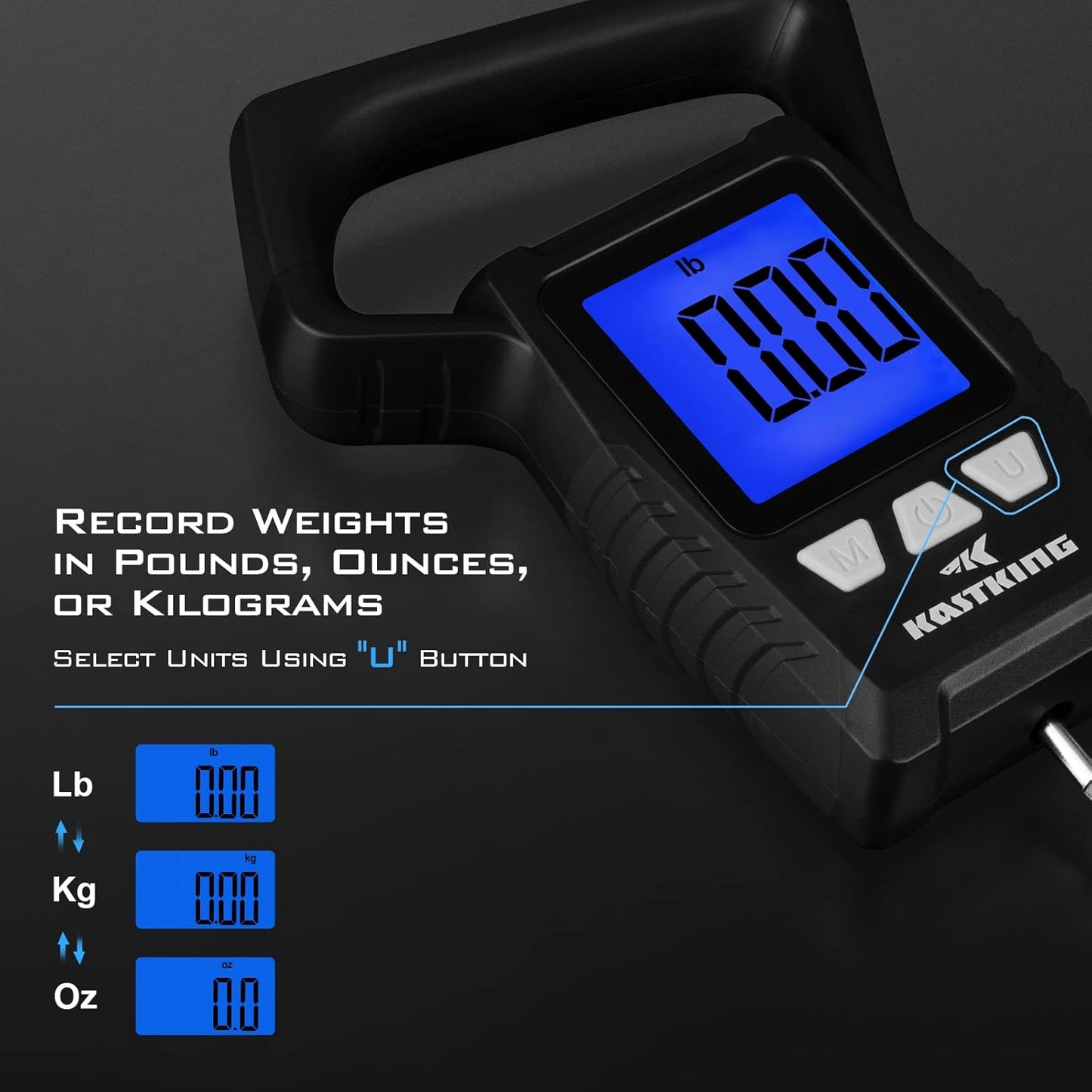 KastKing Fish Scale, WideView Floating Waterproof Digital Scale with No-Puncture Lip Gripper, 2.5” Large LCD Display, 110lb Capacity, Stores up to 9 Weights, Black