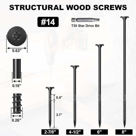FMhotu 6 Inch Heavy-Duty Outdoor Deck Screws, 50Pcs Star Drive Decking Wood Screws, Rust Resistant Timber Screws for Timber/Log/Landscaping Wood (#14 x 6 Black - PuriLite