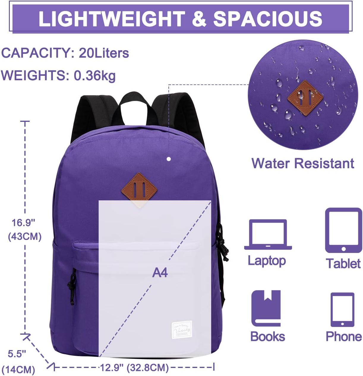 School Backpack for Kids, VASCHY Lightweight Water Resistant Casual Schoolbag Daypack for Men Women Teen Boys Girl Bookbag
