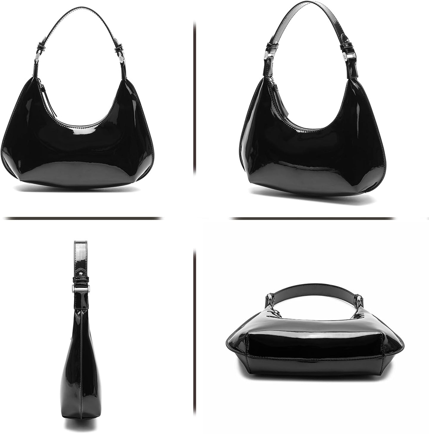 Purilite Select | Patent Leather Crescent Shoulder Bag | Small Going-Out Purse for Women | Cute Zipper Handbag with Adjustable Strap