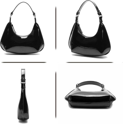 Purilite Select | Patent Leather Crescent Shoulder Bag | Small Going-Out Purse for Women | Cute Zipper Handbag with Adjustable Strap