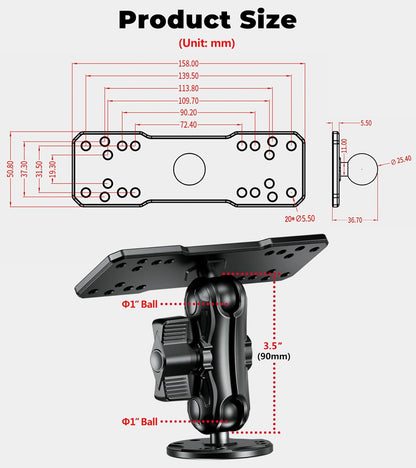 VAZESWIN Aluminum Alloy Fish Finder Mount with B Size 1" Ball Rectangle Plate & Round Base, 3.5" Medium Arm Marine Electronic Mount Compatible with Garmin, Lowrance, Humminbird, Raymarine and More