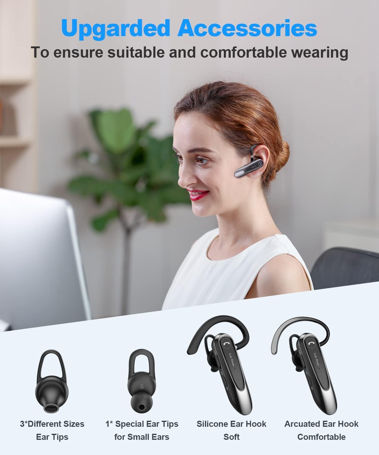 Bluetooth Earpiece Link Dream Wireless CVC8.0 Headset for Cell Phone Dual Mic Noise Canceling Handsfree Phone Earpiece w/Mute 20Hrs Talk Time 180 Days Standby for iPhone Android Home Office Driving