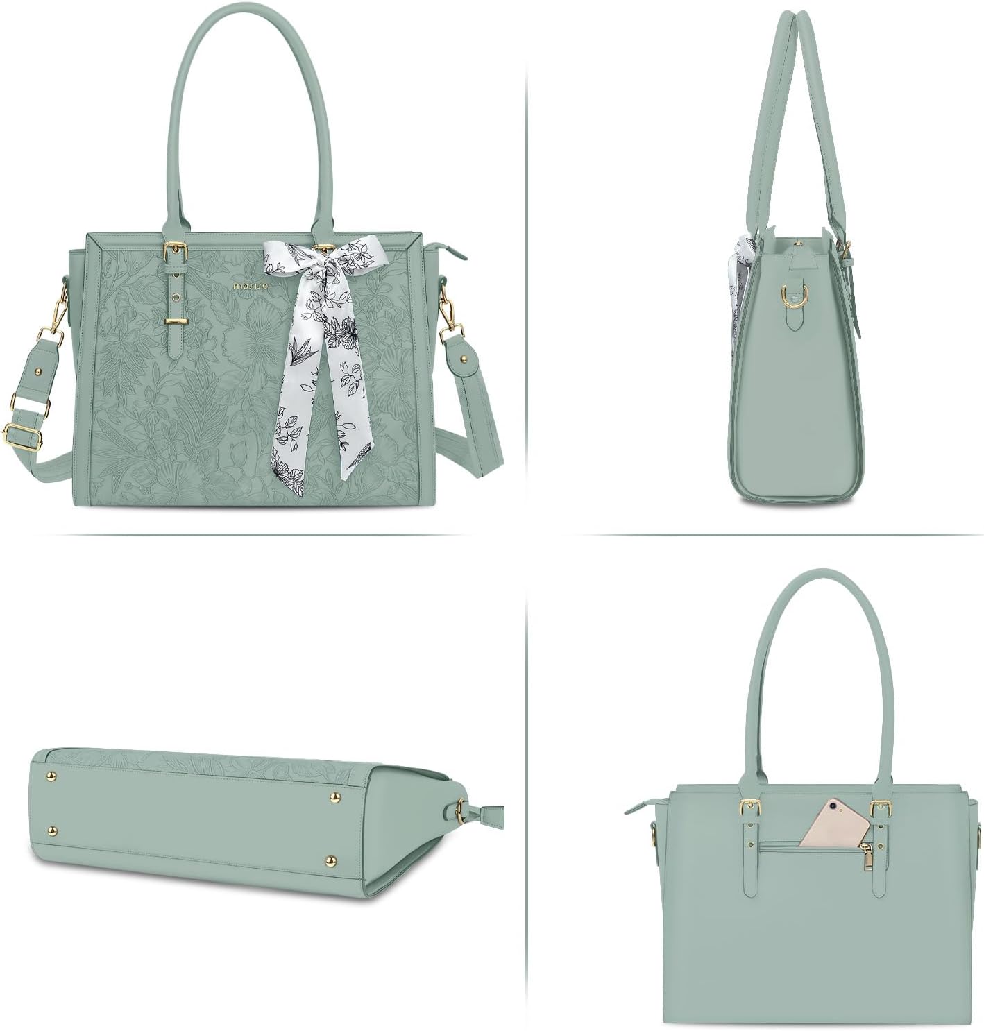 MOSISO Laptop Bag for Women, 17-17.3 inch PU Leathe Tote Bag Compatible with MacBook, HP, Dell, Asus Notebook, Front Embossed Retro Hibiscus Computer Bag with Silk Scarf&Clutch Purse, Gray - PuriLite