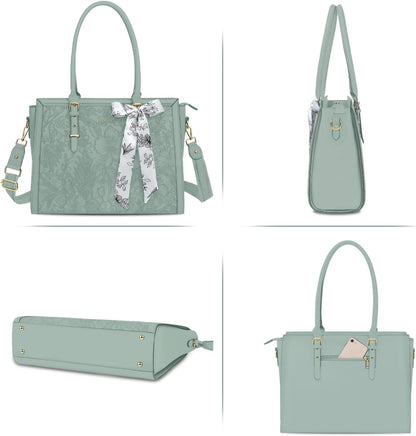 MOSISO Laptop Bag for Women, 17-17.3 inch PU Leathe Tote Bag Compatible with MacBook, HP, Dell, Asus Notebook, Front Embossed Retro Hibiscus Computer Bag with Silk Scarf&Clutch Purse, Gray - PuriLite
