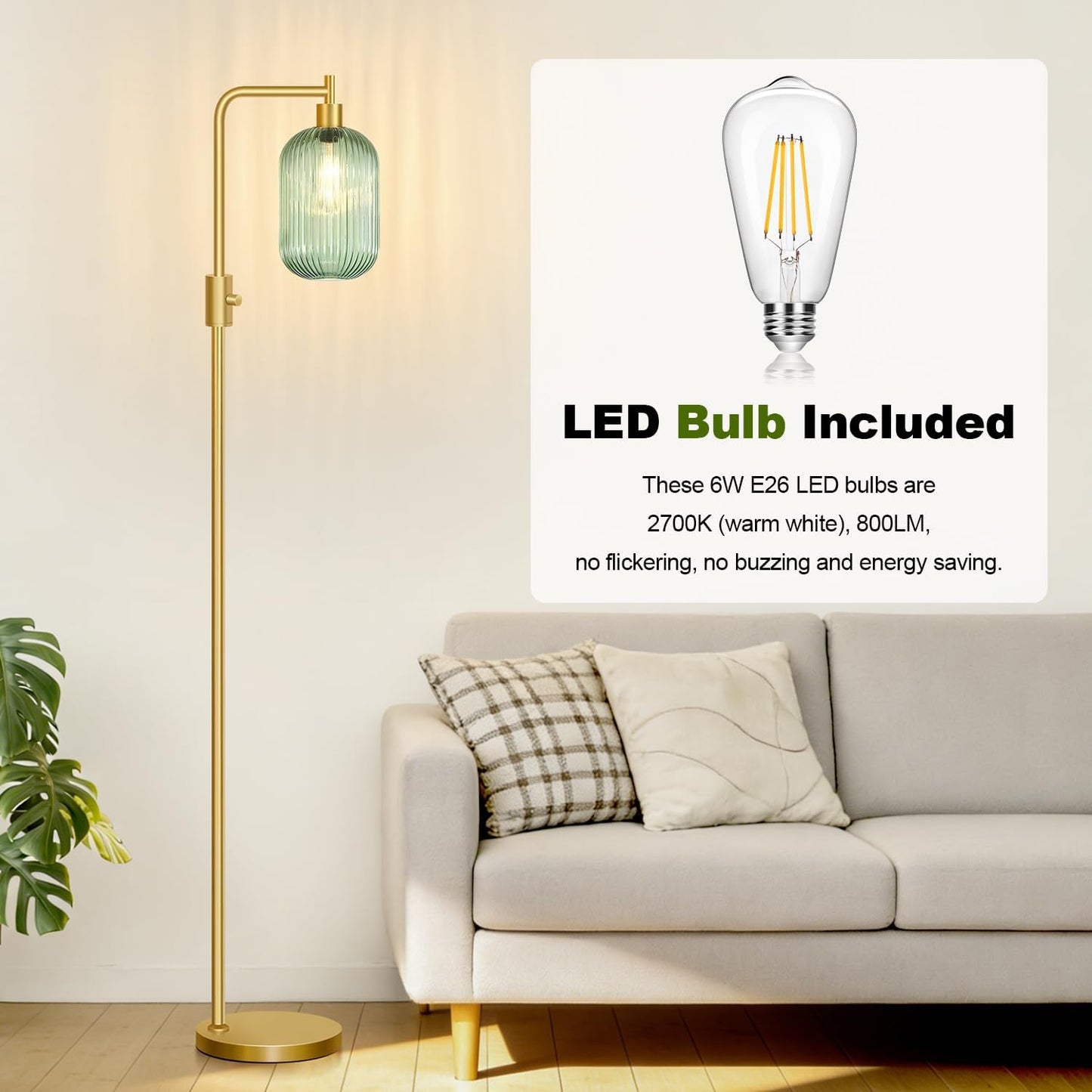 Upgraded】 Dimmable Floor Lamp for Living Room with Green Ribbed Glass Lampshade, Gold Modern Floor Lamp with 900LM LED Bulb Included, Arc Standing Tall Lamp for Bedroom, Office, Reading Room, Corner